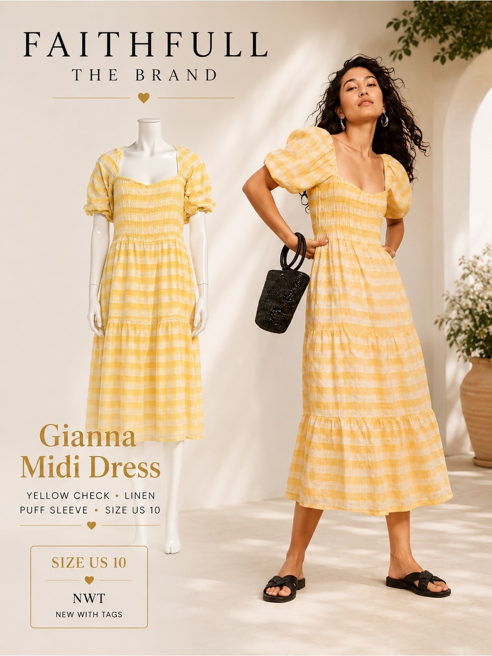 Faithfull The Brand Gianna Yellow Linen Midi Dress Puff Sleeve Smocked XL NWT